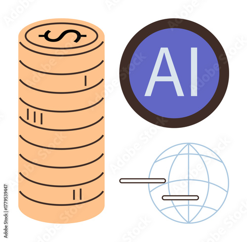 Stack of coins with dollar sign, circular AI emblem, globe with connection lines. Ideal for technology, innovation, finance, digital transformation, global trends AI economy solutions. Simple flat
