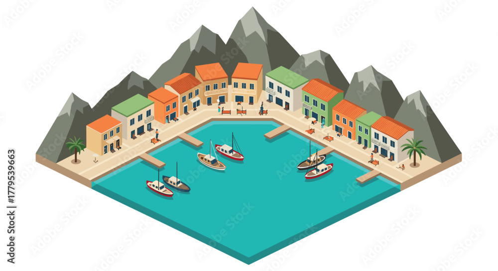 Naklejka premium Coastal village with colorful houses and boats in isometric style
