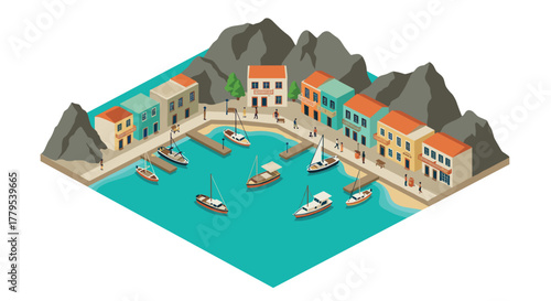 Picturesque coastal village with boats and colorful buildings in isometric style