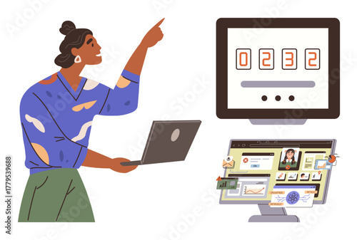 Woman holding a laptop, pointing at numeric data on one screen while a second shows media content, analytics, and graphs. Ideal for teamwork, training, presentation, analytics, education digital