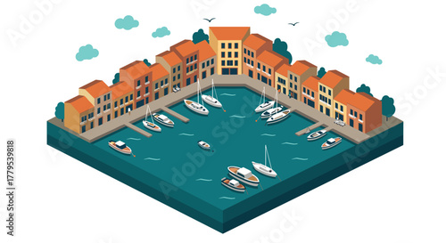 Isometric harbor scene with boats and colorful coastal buildings