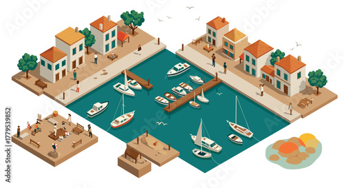Charming isometric coastal town with boats and people in a mediterranean setting