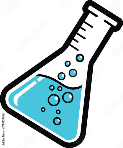 Blue liquid in laboratory flask with bubbles and markings science chemistry