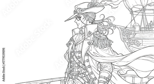 A pirate captain standing on the deck of a sailing ship viewed from the side