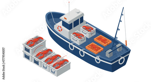 Isometric fishing boat with lobster cages and catch boxes