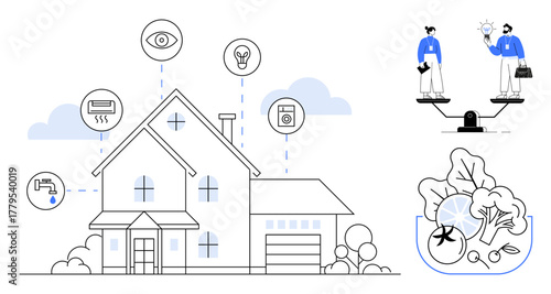 Connected smart home featuring energy management, appliance control, surveillance, and eco-friendly elements. Ideal for home automation, sustainability, technology, energy saving, IoT innovation