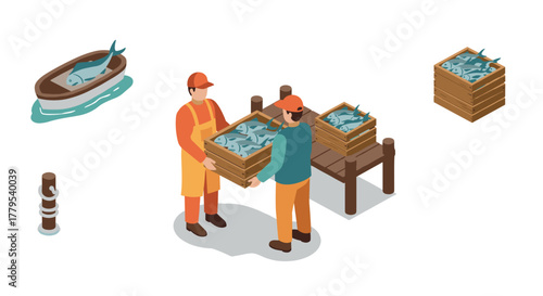 Isometric fishermen loading fresh catch onto dock with wooden boxes and rowboat