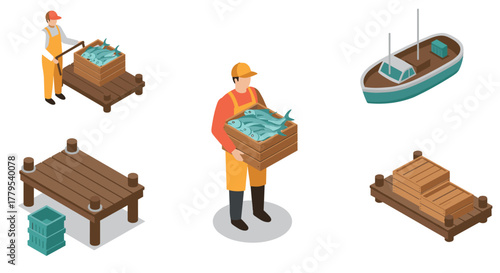 Isometric fisherman with catch and equipment in a nautical setting