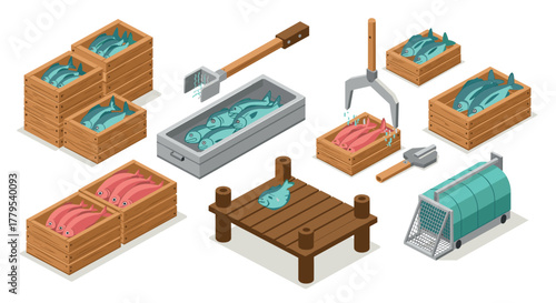 Isometric fish processing seafood packaging and storage in wooden crates