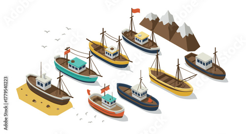 Isometric fishing boats collection near snowy mountains