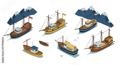 Colorful boats and mountains isometric nautical scene with fishing boats and nature