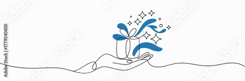 Hand holding gift box in minimalist line art with blue accents, single line drawing with color accents on white background