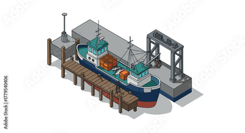 Isometric fishing boat docked at pier with cargo and crane in nautical scene