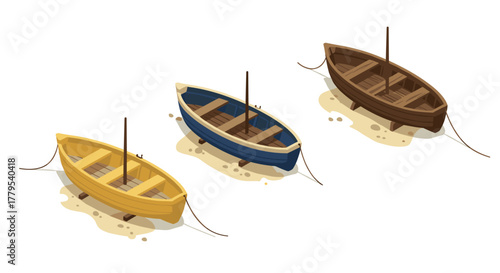 Three colorful rowboats on sandy beach in isometric style