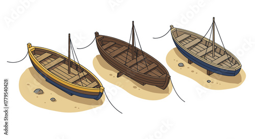 Three rowboats on sandy beach in colorful cartoon style