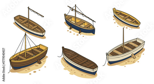 Colorful isometric rowboats on sandy beach nautical summer vibes