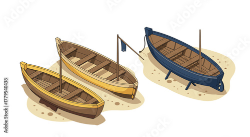 Colorful wooden rowboats on sandy beach in isometric art style