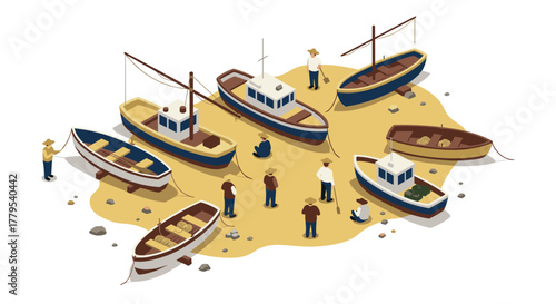 Isometric beach scene with boats and people on sandy shore