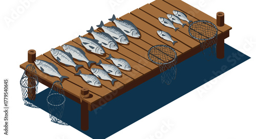 Fresh catch display on rustic wooden dock with fishing nets in isometric style