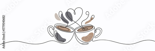 Two coffee cups with heart steam in minimalist line art with color accents, coffee cups with heart single line drawing with color accents on white background