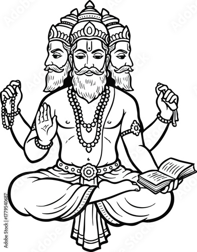 vector Illustration of Hindu God Brahma with Three Faces