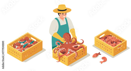 Fisherman handling octopus at market with seafood baskets in isometric style