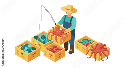 Fisherman sorting fresh catch of fish and octopus in wooden crates