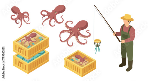 Fisherman in cartoon style with octopus and seafood crates