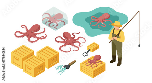 Isometric octopus farming sustainable aquaculture with fisherman and tools