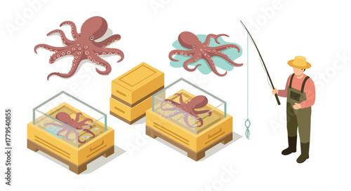 Isometric octopus display with fisherman and boxes in aquarium setting