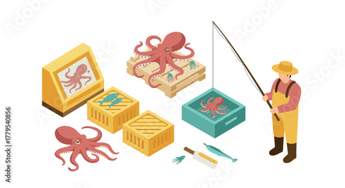 Isometric octopus market scene with fisherman and seafood containers