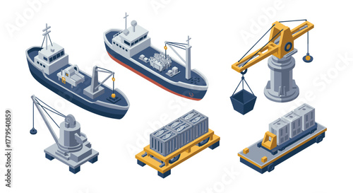 Isometric cargo ships and port equipment set for modern maritime themes