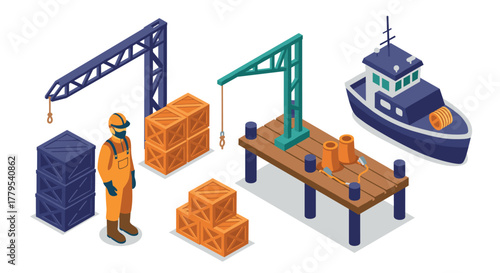 Isometric port scene with crane, shipping containers, and worker in safety gear