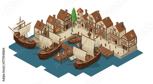 Medieval european port town with vintage sailing ships in isometric view