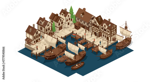 Medieval harbor scene with sailboats and halftimbered houses in isometric style