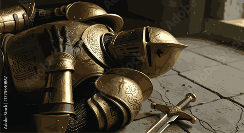 Ancient medieval armor and swords lie scattered on a stone floor, viewed from above in a dimly lit environment.