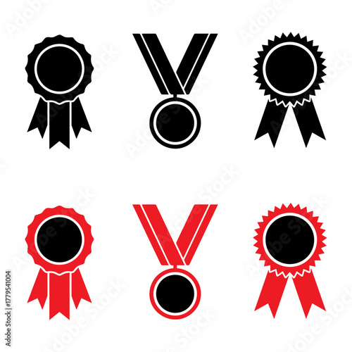 Collection of six award medals and ribbons in black and red silhouettes representing achievement and victory