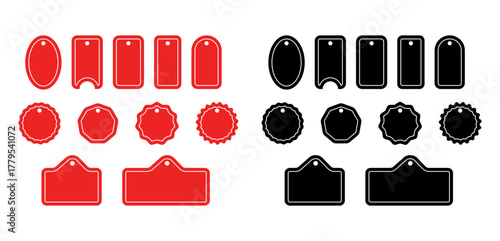 Collection of red and black blank oval and rectangular tags and labels isolated on white background for design