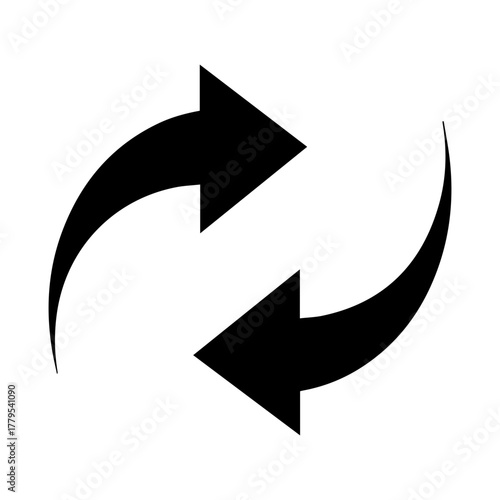 Two curved black arrows forming a circular loop symbolizing repetition refresh reload recycle or continuous process on a white background