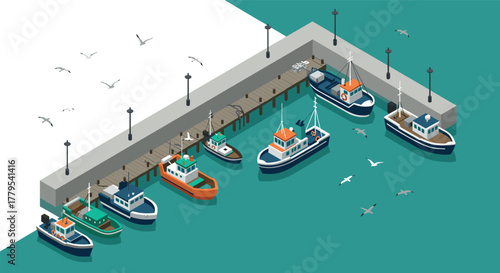 Isometric harbor scene with fishing boats and seagulls at a dock