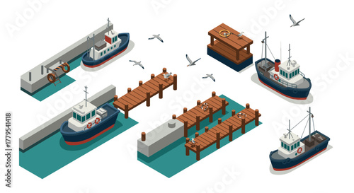 Isometric fishing port scene with boats, docks, and seagulls