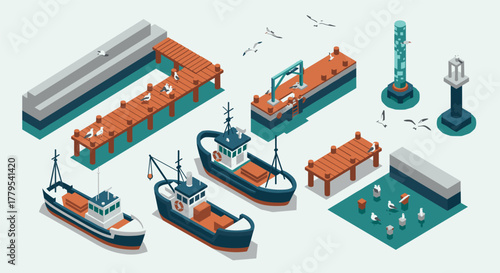 Isometric harbor scene with fishing boats, seagulls, and piers