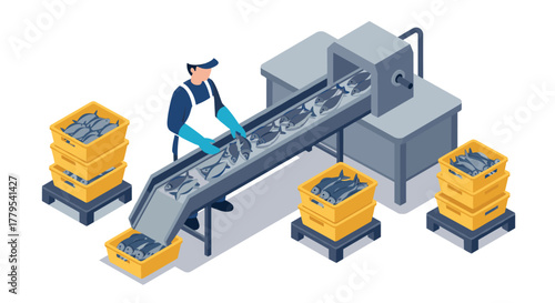 Isometric fish processing factory with worker and conveyor belt