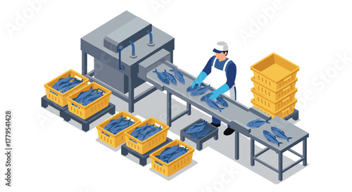 Isometric fish processing facility modern equipment and workers handling seafood