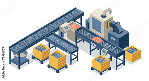 Isometric factory scene depicting automated fish processing line with conveyor belts