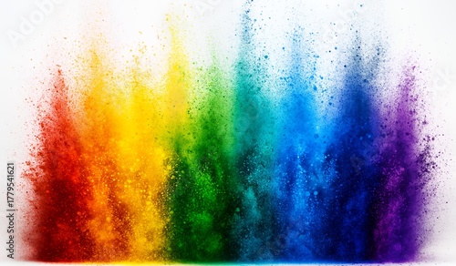 An explosive vertical burst of vibrant powdered pigment creating a rainbow spectrum of colors against a white background