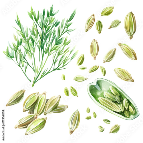 minimal yet artistic elements for creative designs. hand-drawn paint, Simple Illustration, A beautiful painting of fennel seeds set, EPS format, isolated on a white background, watercolor style leaf