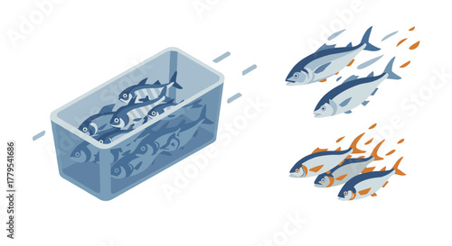 Isometric fish breaking free from plastic container to freedom