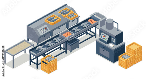 Isometric fish processing plant with conveyor belt and machinery