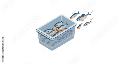 Creative isometric design of fish escaping a box innovation and freedom concept